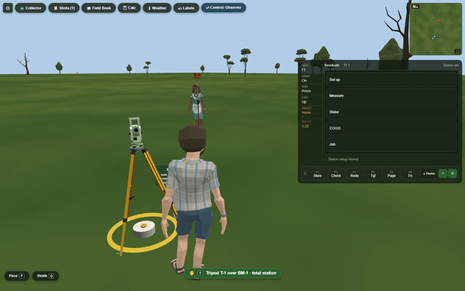 The field controller open beside a set-up total station, showing its task chooser: Set up, Measure, Stake, COGO and Job, with a status rail down the left and six softkeys below. A rodman waits in the distance.