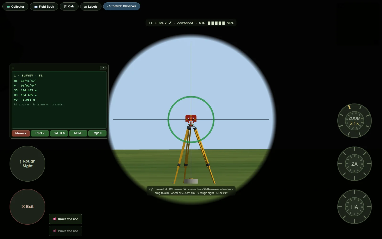 Through the total station telescope: crosshairs centered on a prism. The instrument's LCD panel sits at the middle of the left edge, level with the crosshairs, carrying the live Hz and V circle readings and the reduced distances; a strip above the glass confirms the target is centered.