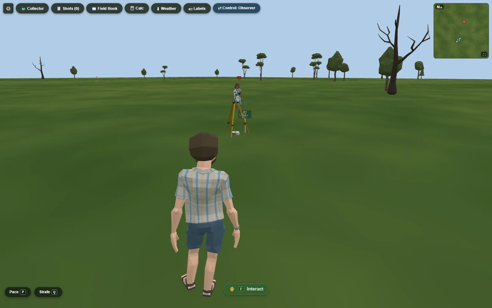 Third-person view of the observer walking toward a tripod-mounted total station in an open field, with the minimap and HUD controls visible.