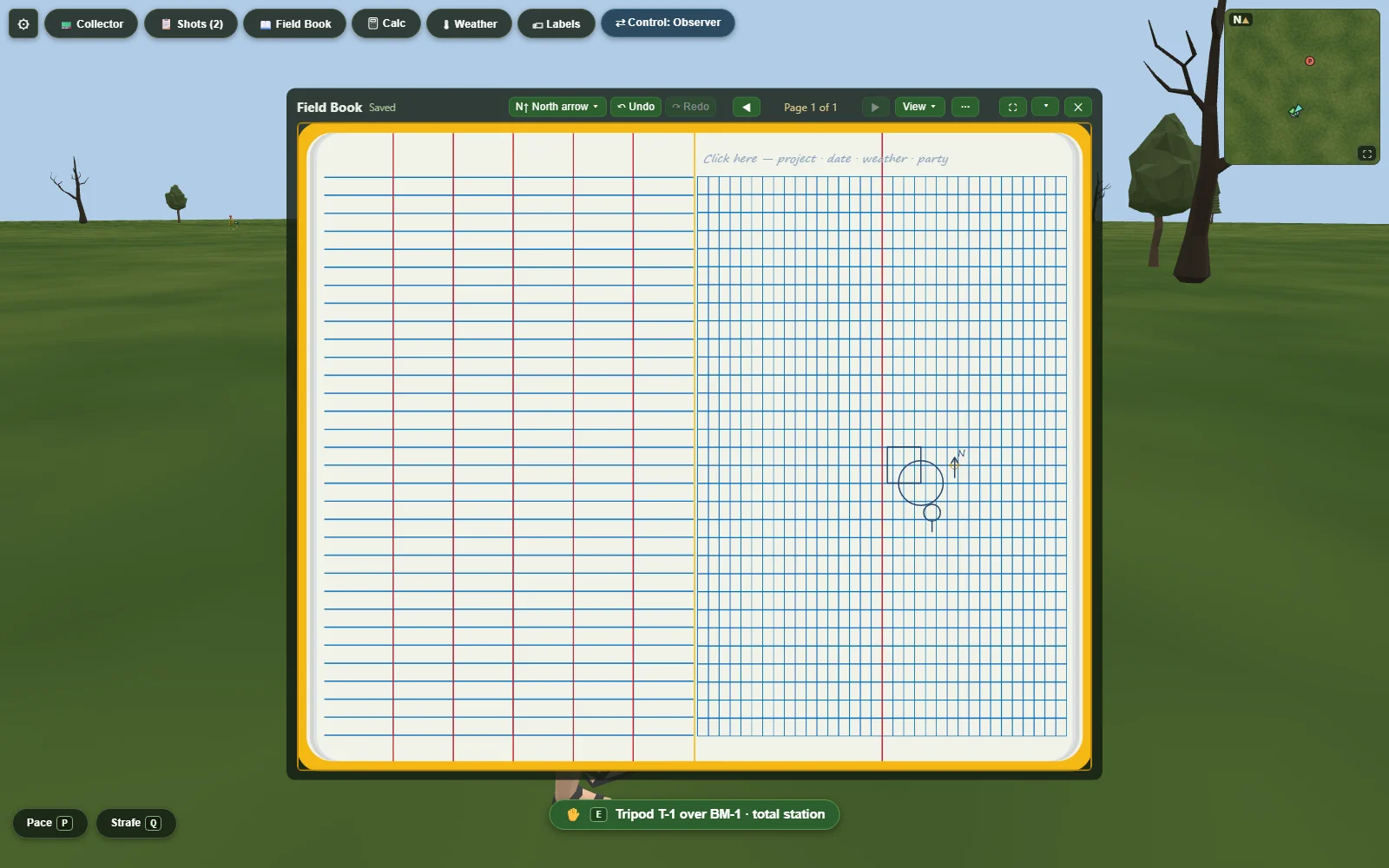 The digital field book open to a data spread: ruled columns on the left page, a graph sketch page on the right with drawn shapes and a north arrow.