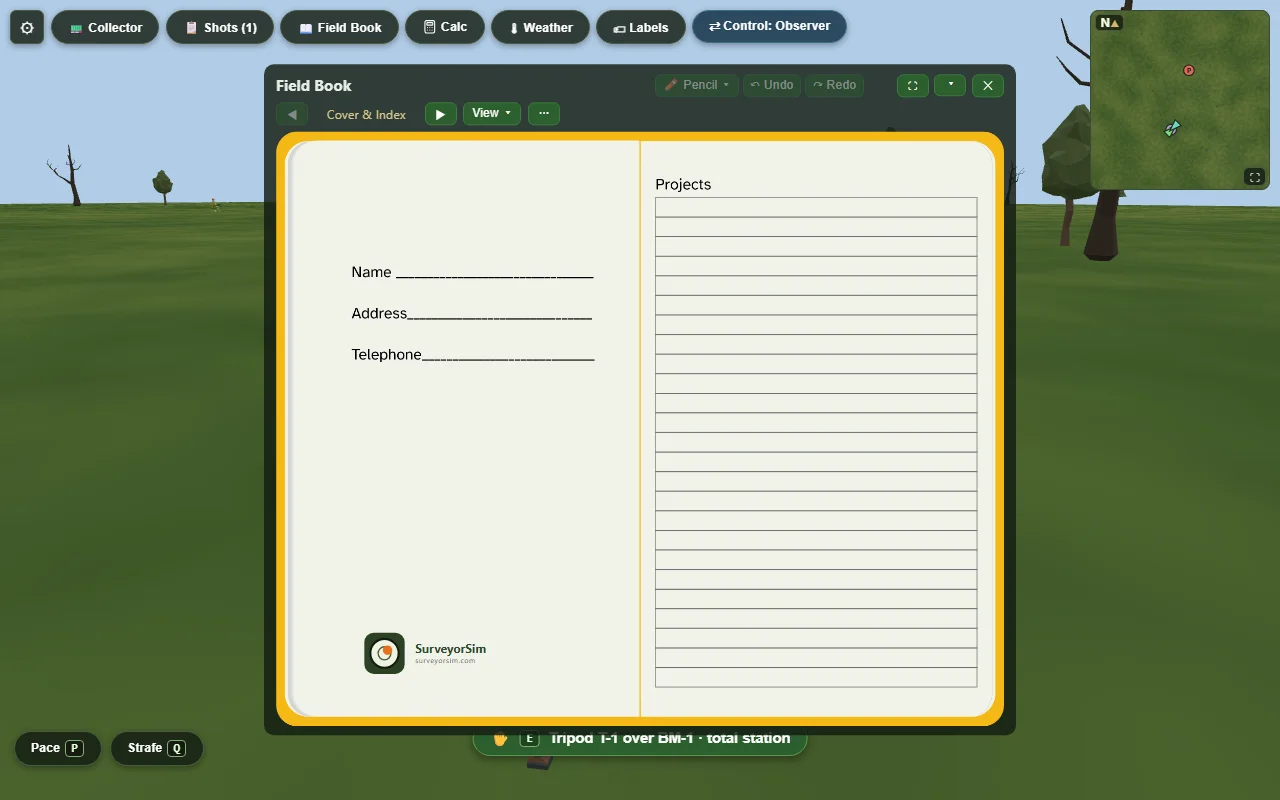 The field book open at its first spread: a Cover and Index page with fields for name, address and telephone on the left, and a Projects index on the right.