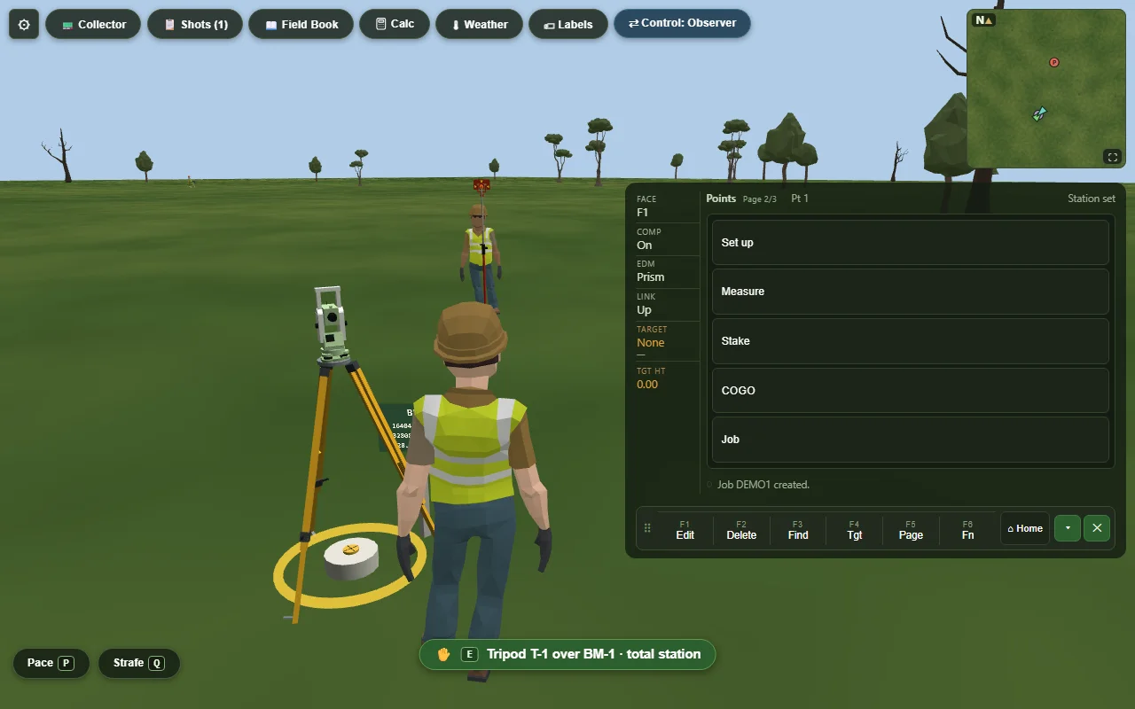 The data collector open over the field, showing its task chooser — Set up, Measure, Stake and COGO — above a row of six softkeys.