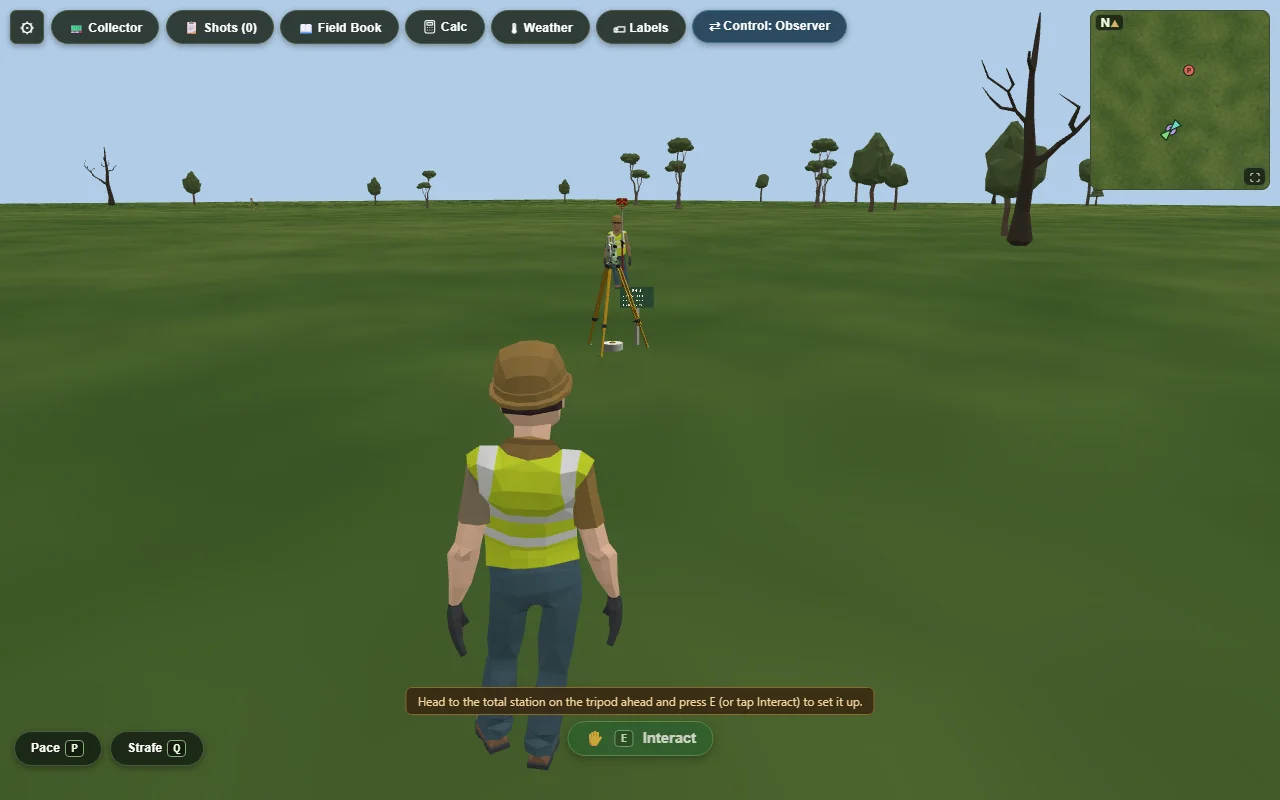 The practice site seen over your avatar's shoulder: open grass, scattered trees, a total station on its tripod, a survey mark ringed on the ground, and a second crew member standing beyond it.