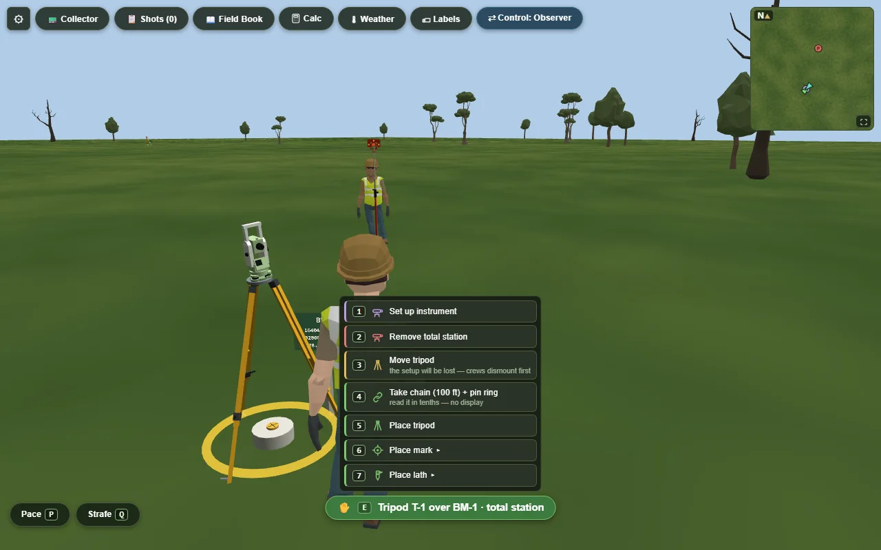 The interact menu open beside the tripod, listing numbered actions: Set up instrument, Remove total station, Move tripod, Take chain, Place tripod, Place mark and Place lath. A green bar at the bottom reads E, Tripod T-1 over BM-1, total station.