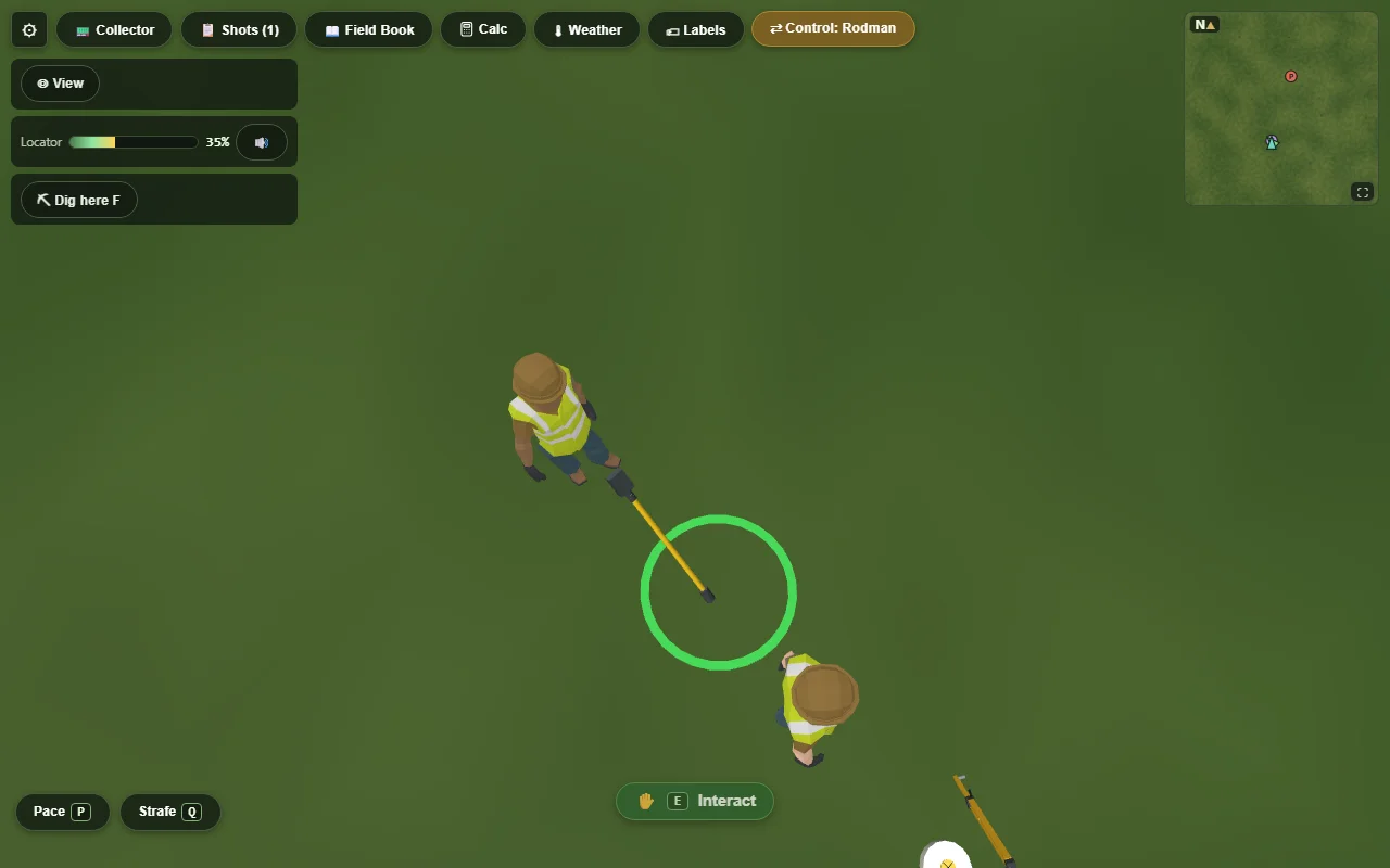 The rodman sweeping with the magnetic locator, a green search ring on the ground ahead of the wand. The heads-up display shows a part-filled Locator signal meter and a Dig here button.