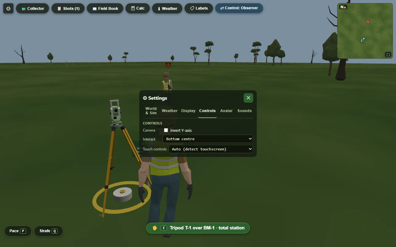 The Settings panel on its Controls tab: Invert Y-axis, the Interact chip position, and Touch controls set to Auto. The controller group below them is hidden until a gamepad is used.
