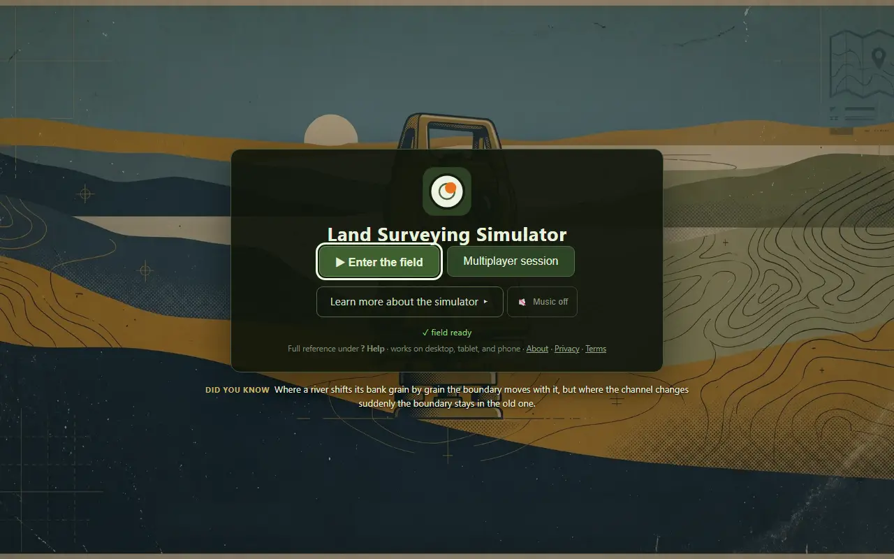 The simulator's opening screen: the title Land Surveying Simulator over a painted landscape, with Enter the field, Multiplayer session, Learn more and Music off buttons.