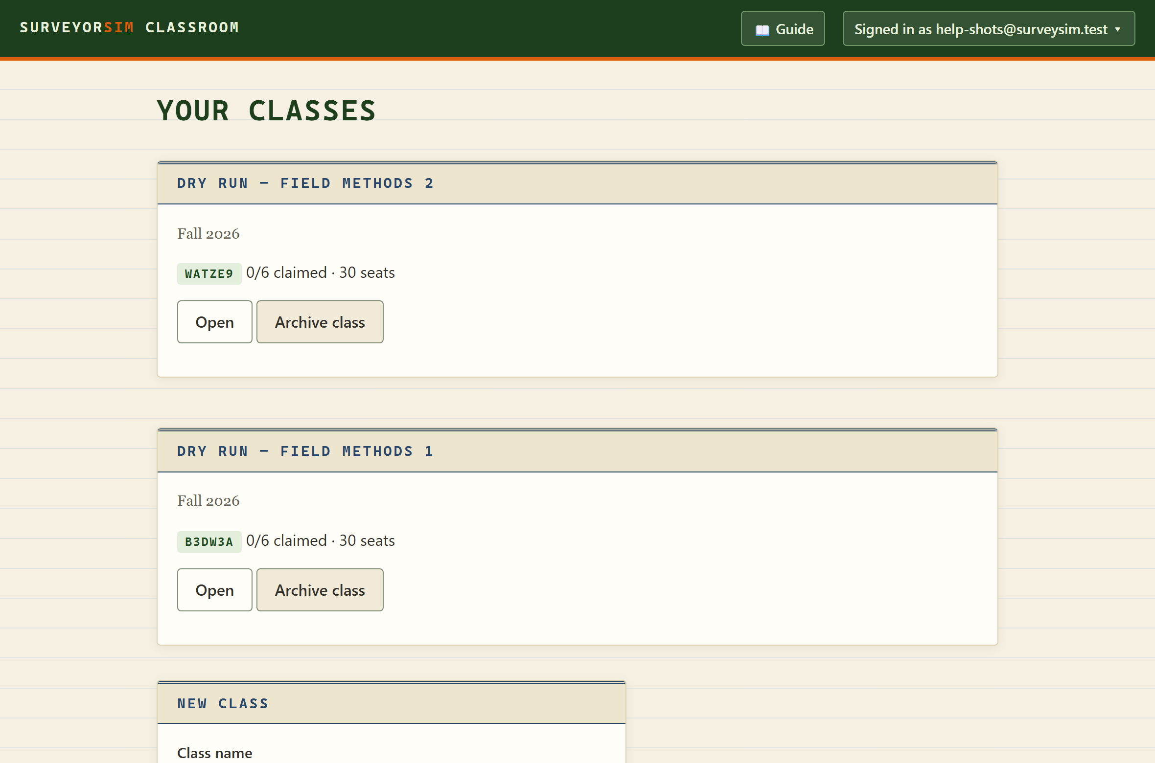 The classes page: a class card named Dry Run — Field Methods with its join code, claimed-seat count, and an Open button, above the New class form.