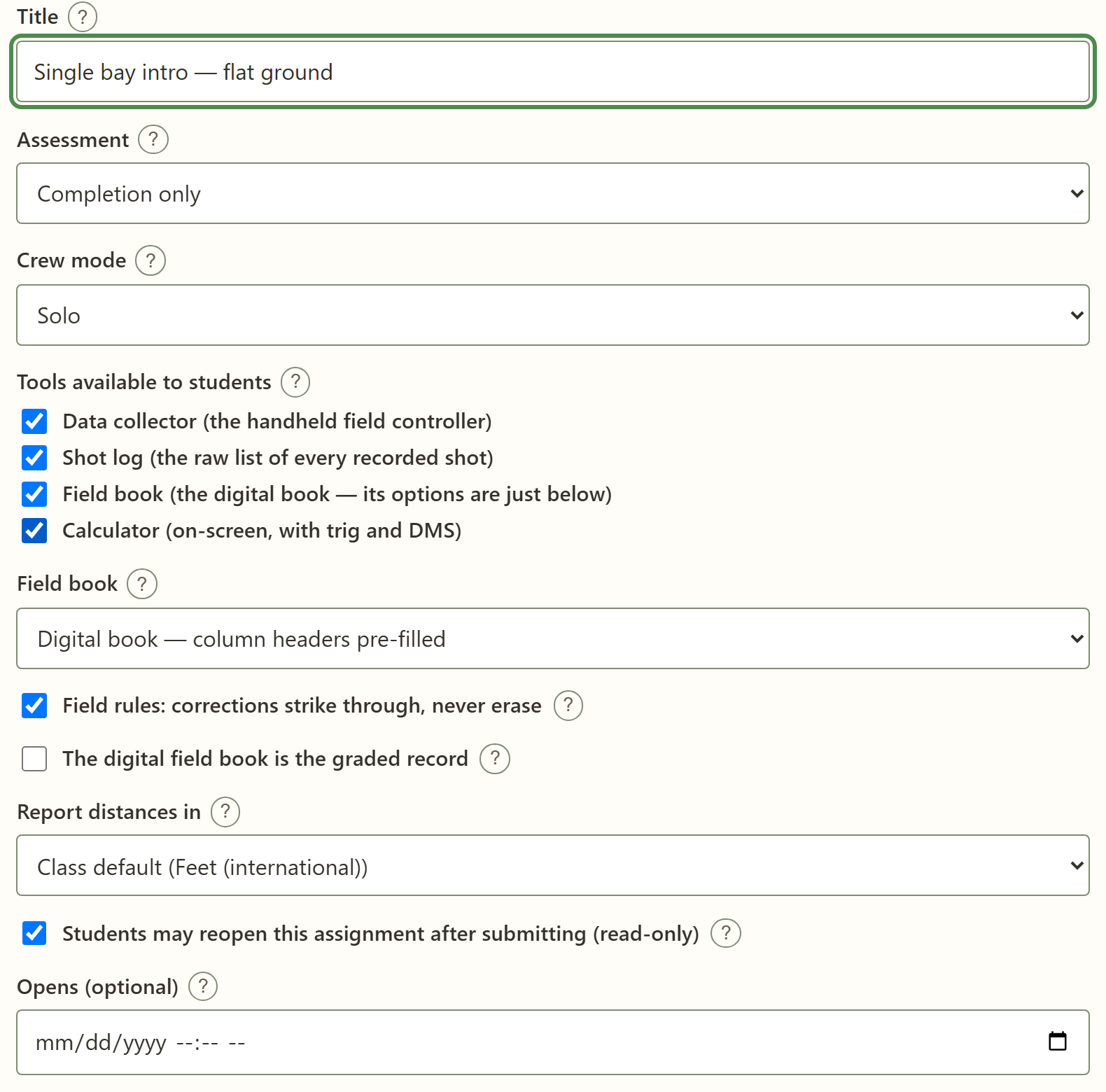 The inline Edit details form on an assignment row, with assessment, crew, field book, tools, units, and date controls.