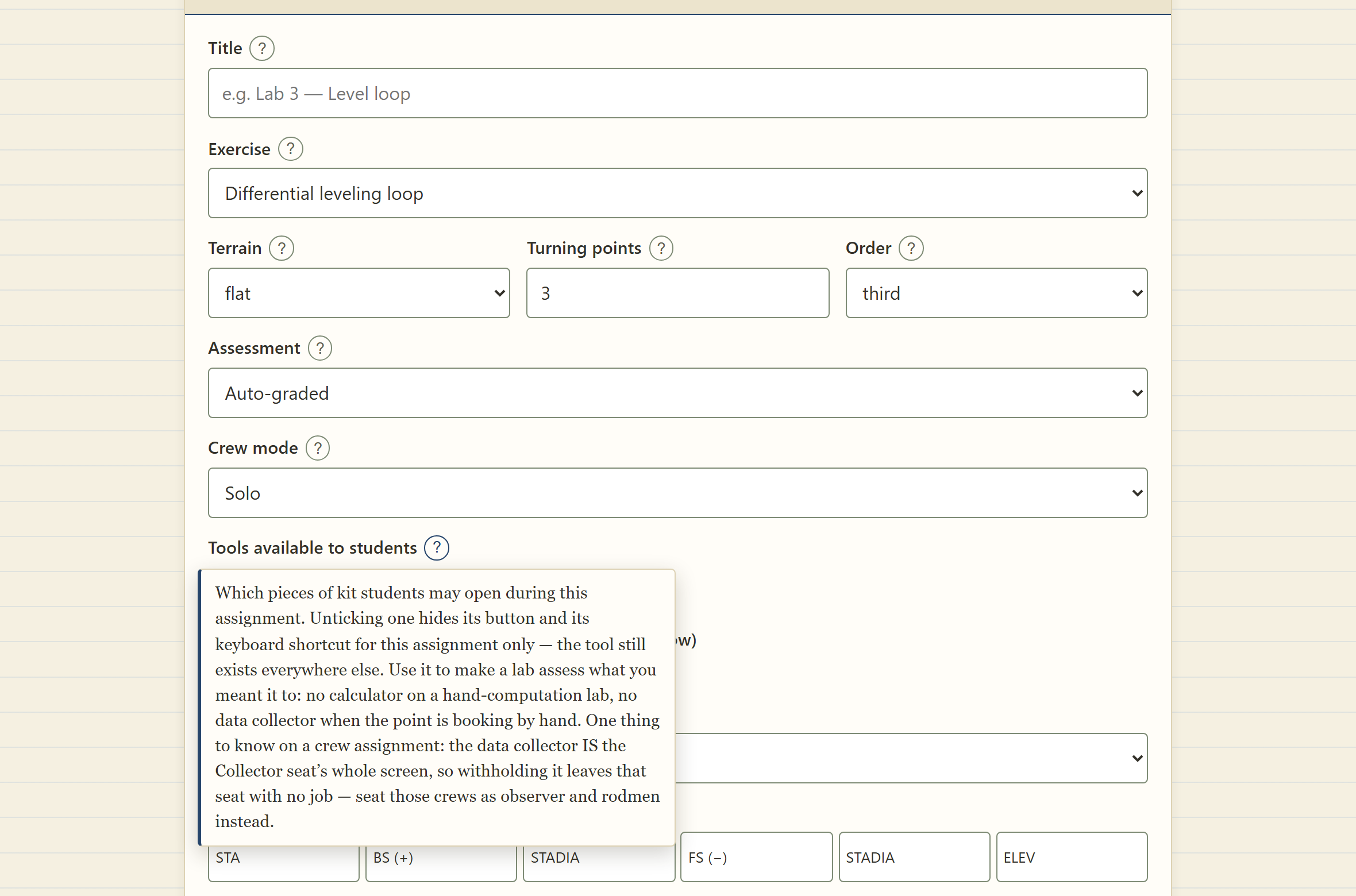 The New assignment form: exercise knobs, the Tools available to students checkboxes, field book options with column headers, and an open help bubble explaining the Tools option.