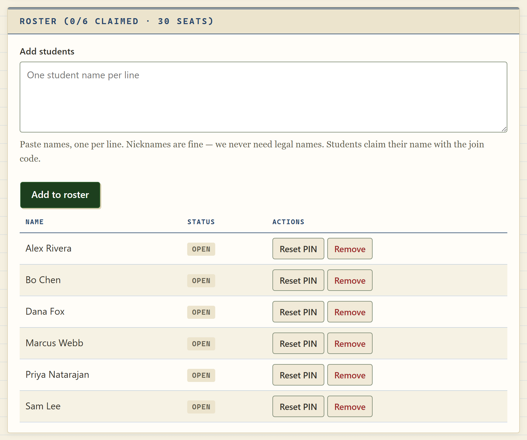 The roster card: the class join code, a seat counter, student rows with their claimed status, and the add-students input.