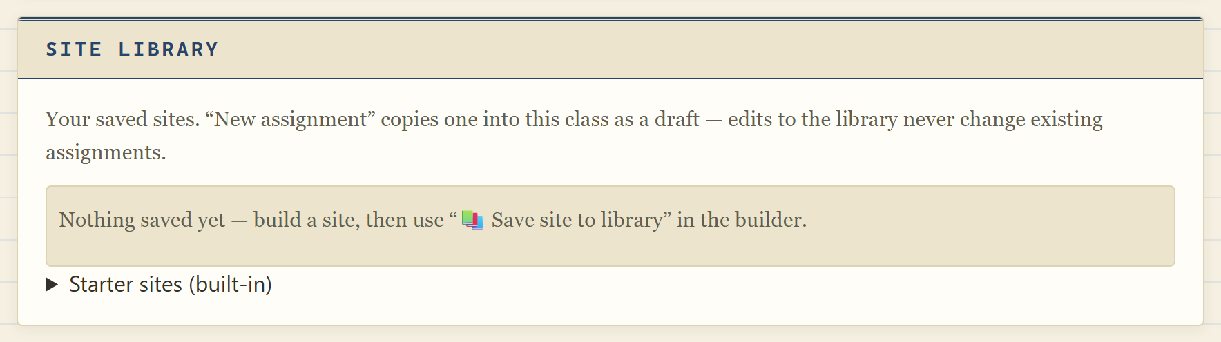 The site library: stock starter recipes grouped by exercise, each with a New assignment button.